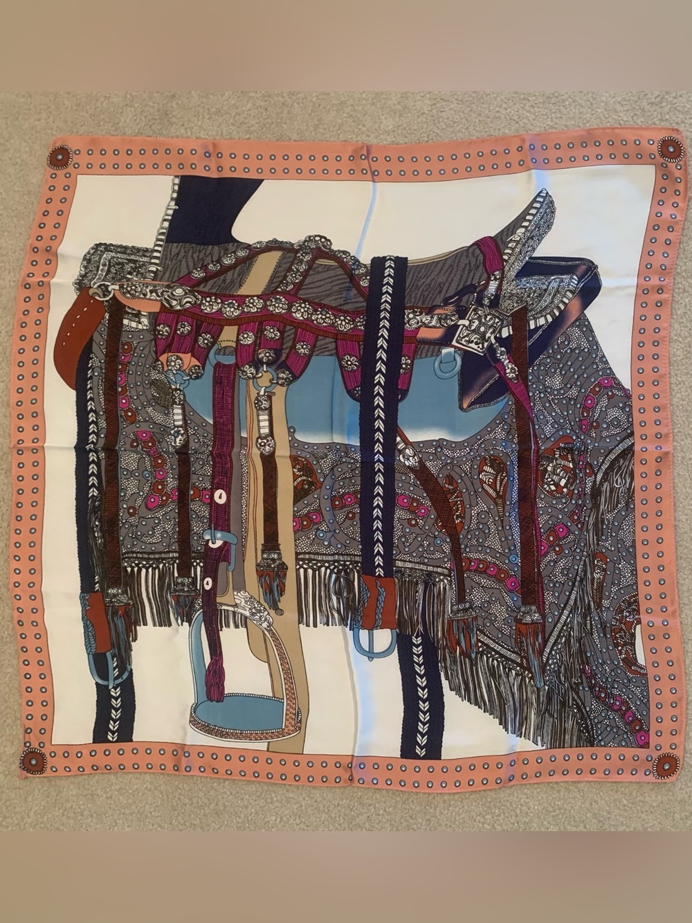 NWOT Sparking For Love Silky Polyester Saddle Print Scarf 27” Square Boho